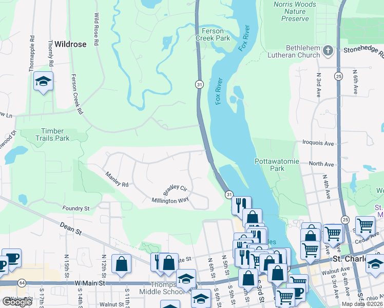 map of restaurants, bars, coffee shops, grocery stores, and more near 248 West River Drive in St. Charles