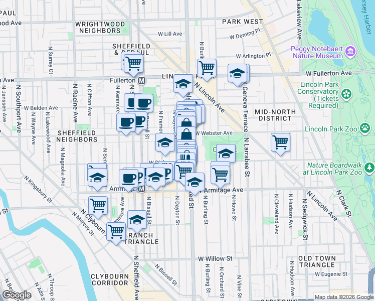 map of restaurants, bars, coffee shops, grocery stores, and more near 2122 North Halsted Street in Chicago