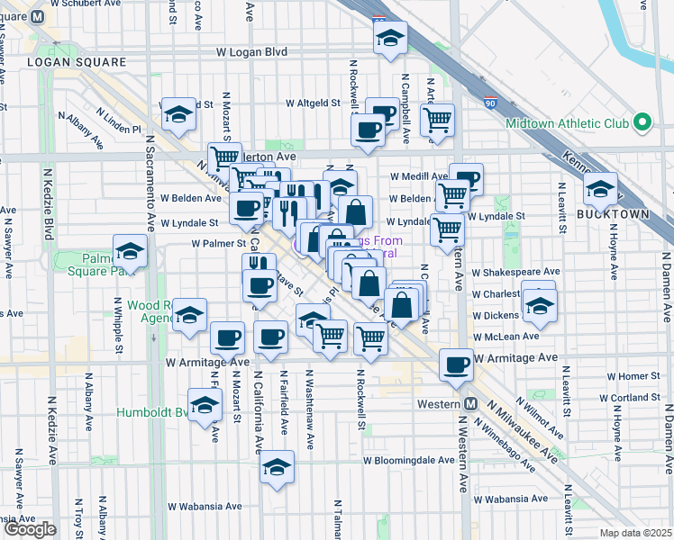 map of restaurants, bars, coffee shops, grocery stores, and more near 2169 North Milwaukee Avenue in Chicago