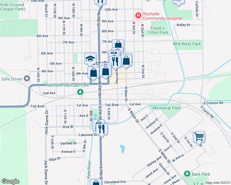 map of restaurants, bars, coffee shops, grocery stores, and more near 118 South Washington Street in Rochelle