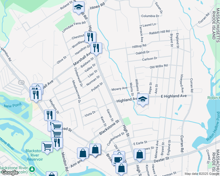 map of restaurants, bars, coffee shops, grocery stores, and more near 745 High Street in Cumberland