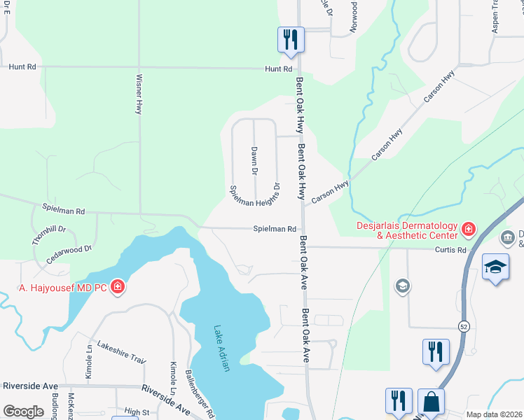 map of restaurants, bars, coffee shops, grocery stores, and more near 2653 Spielman Heights Drive in Adrian