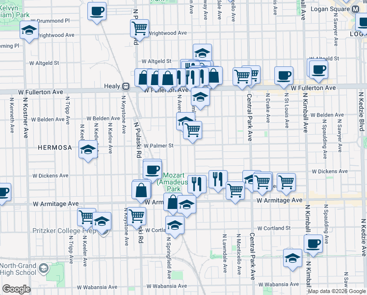 map of restaurants, bars, coffee shops, grocery stores, and more near 2148 North Avers Avenue in Chicago