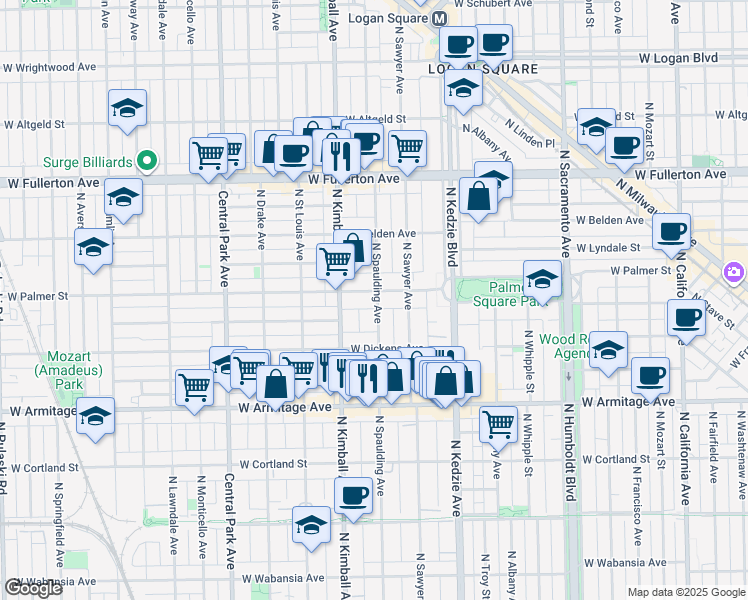 map of restaurants, bars, coffee shops, grocery stores, and more near 2150 North Spaulding Avenue in Chicago