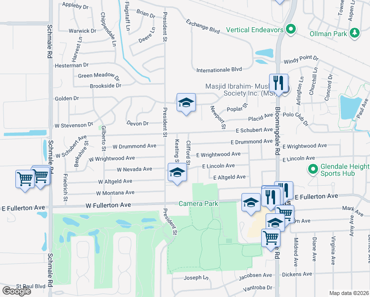 map of restaurants, bars, coffee shops, grocery stores, and more near 1698 Clifford Street in Glendale Heights