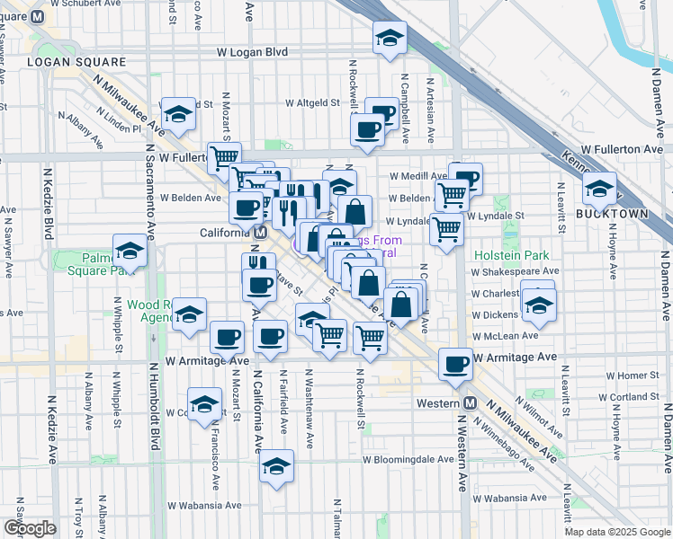 map of restaurants, bars, coffee shops, grocery stores, and more near 2138 North Rockwell Street in Chicago