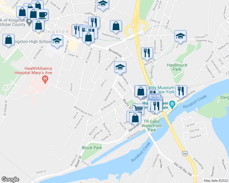 map of restaurants, bars, coffee shops, grocery stores, and more near 103 Wurts Street in Kingston