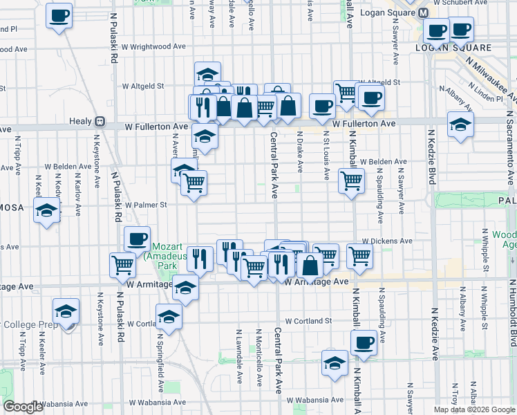 map of restaurants, bars, coffee shops, grocery stores, and more near 3638 West Shakespeare Avenue in Chicago