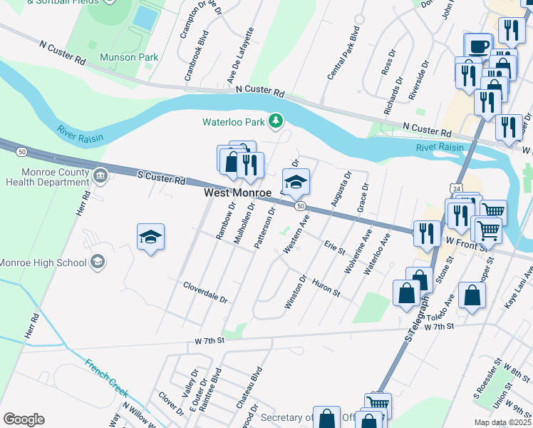 map of restaurants, bars, coffee shops, grocery stores, and more near 692 Patterson Drive in Monroe