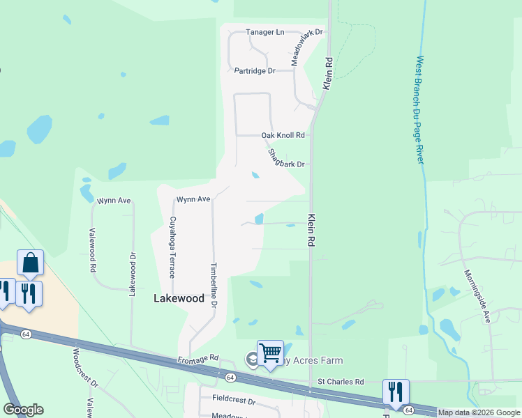 map of restaurants, bars, coffee shops, grocery stores, and more near 29W321 Oak Lane in West Chicago