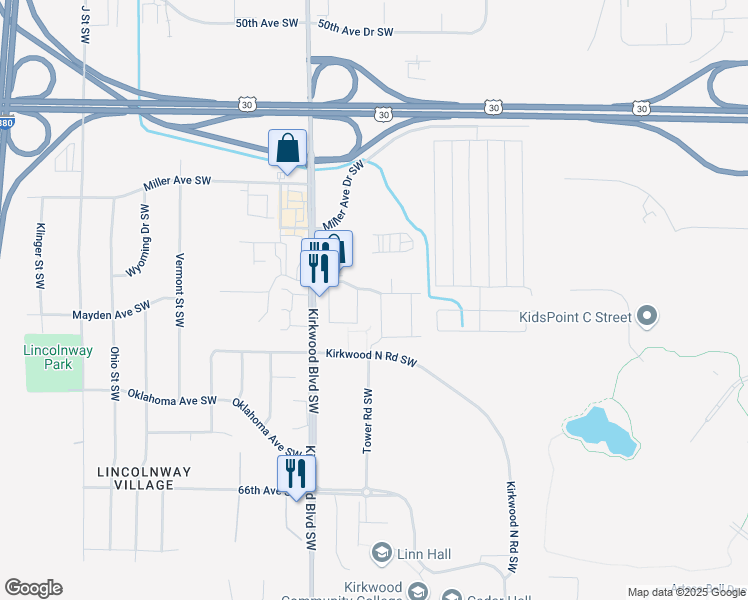 map of restaurants, bars, coffee shops, grocery stores, and more near 105 Kirkwood Court Southwest in Cedar Rapids