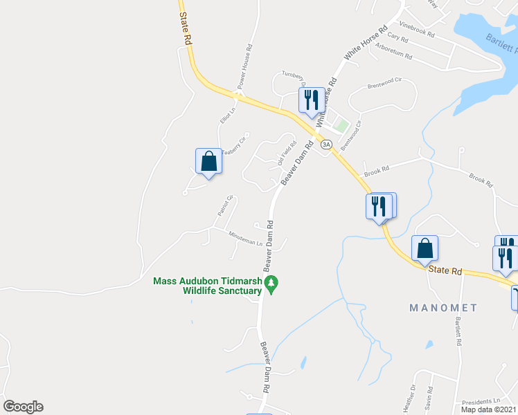 map of restaurants, bars, coffee shops, grocery stores, and more near 27 Beaver Dam Road in Plymouth