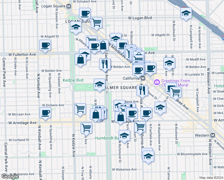 map of restaurants, bars, coffee shops, grocery stores, and more near 2141 North Humboldt Boulevard in Chicago