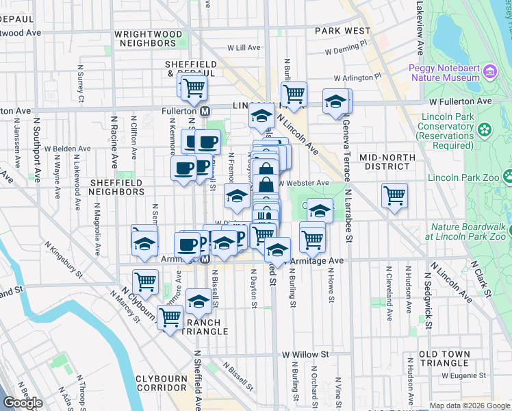 map of restaurants, bars, coffee shops, grocery stores, and more near 2115 North Dayton Street in Chicago