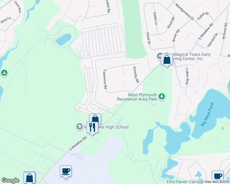 map of restaurants, bars, coffee shops, grocery stores, and more near 14 Lawrence Rd in Plymouth