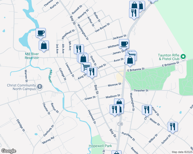 map of restaurants, bars, coffee shops, grocery stores, and more near 2 East Britannia Street in Taunton