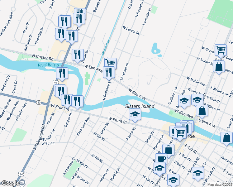 map of restaurants, bars, coffee shops, grocery stores, and more near 30 Virginia Drive in Monroe