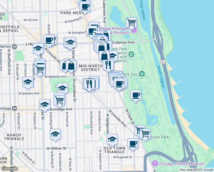 map of restaurants, bars, coffee shops, grocery stores, and more near 2114 North Sedgwick Street in Chicago