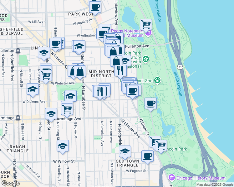 map of restaurants, bars, coffee shops, grocery stores, and more near 2114 North Sedgwick Street in Chicago