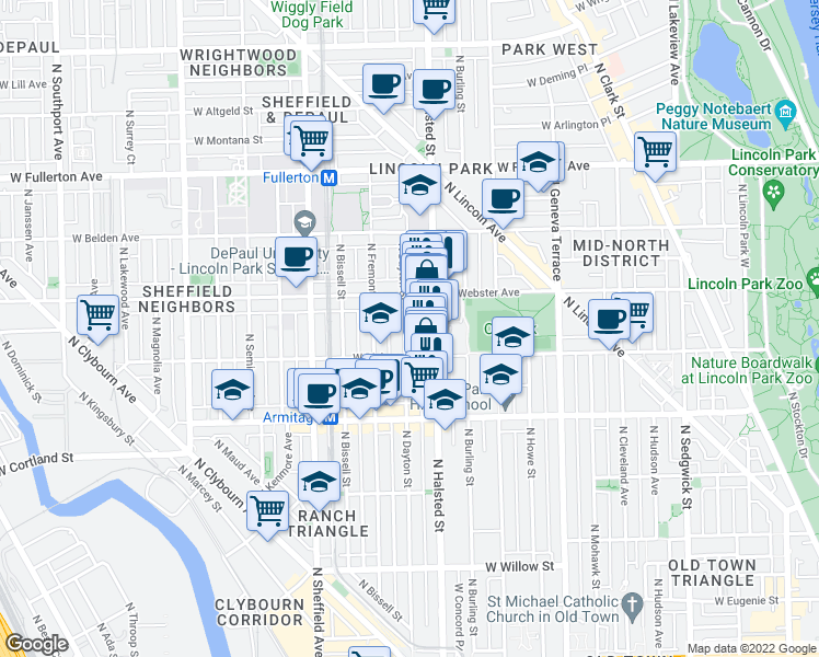 map of restaurants, bars, coffee shops, grocery stores, and more near 2115 North Dayton Street in Chicago