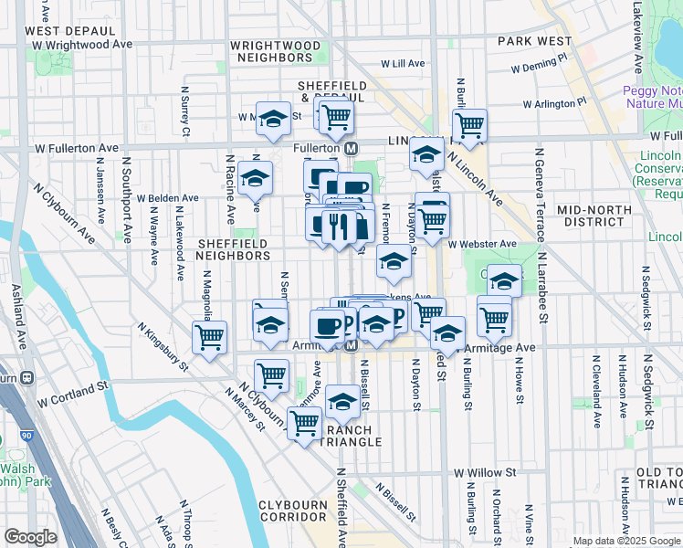 map of restaurants, bars, coffee shops, grocery stores, and more near 2116 North Bissell Street in Chicago