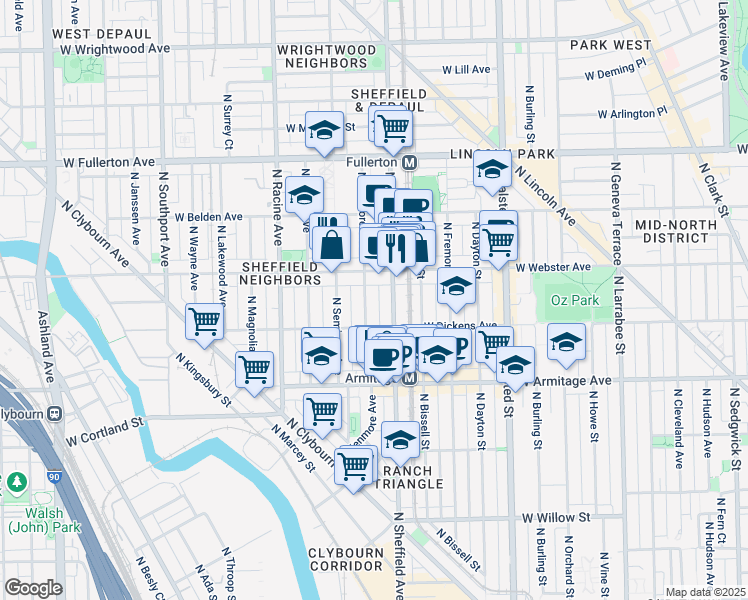 map of restaurants, bars, coffee shops, grocery stores, and more near in Chicago