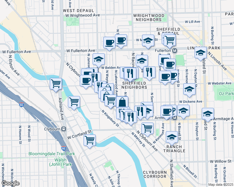 map of restaurants, bars, coffee shops, grocery stores, and more near 2122 North Magnolia Avenue in Chicago