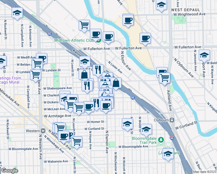 map of restaurants, bars, coffee shops, grocery stores, and more near in Chicago