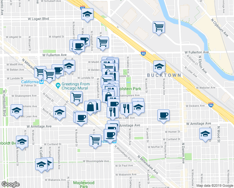 map of restaurants, bars, coffee shops, grocery stores, and more near 2121 North Western Avenue in Chicago