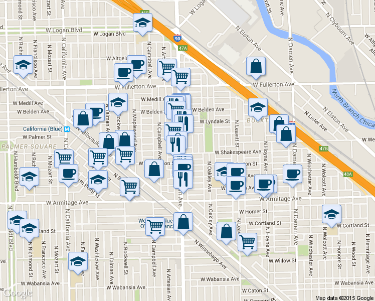 map of restaurants, bars, coffee shops, grocery stores, and more near 2121 North Western Avenue in Chicago
