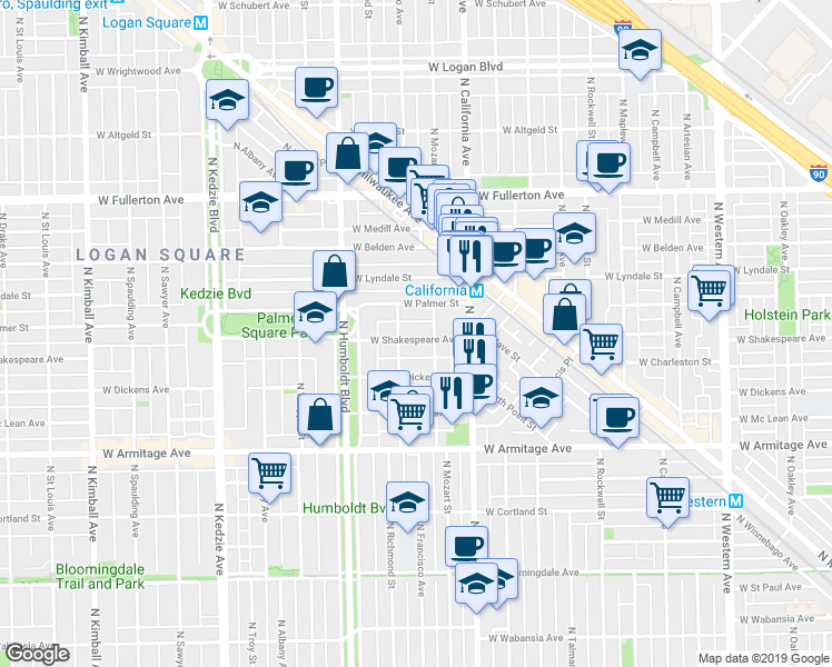 map of restaurants, bars, coffee shops, grocery stores, and more near 2845 West Shakespeare Avenue in Chicago