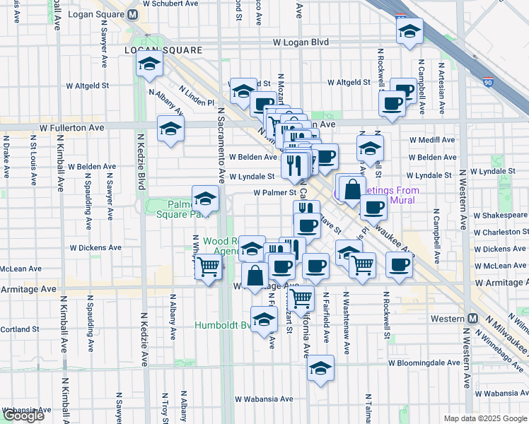 map of restaurants, bars, coffee shops, grocery stores, and more near 2845 West Shakespeare Avenue in Chicago