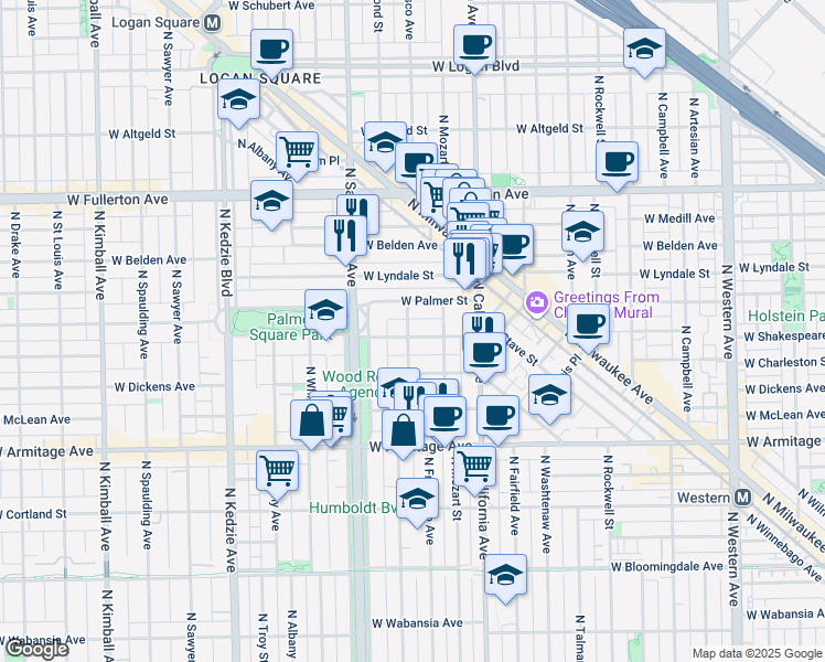 map of restaurants, bars, coffee shops, grocery stores, and more near 2127 North Humboldt Boulevard in Chicago