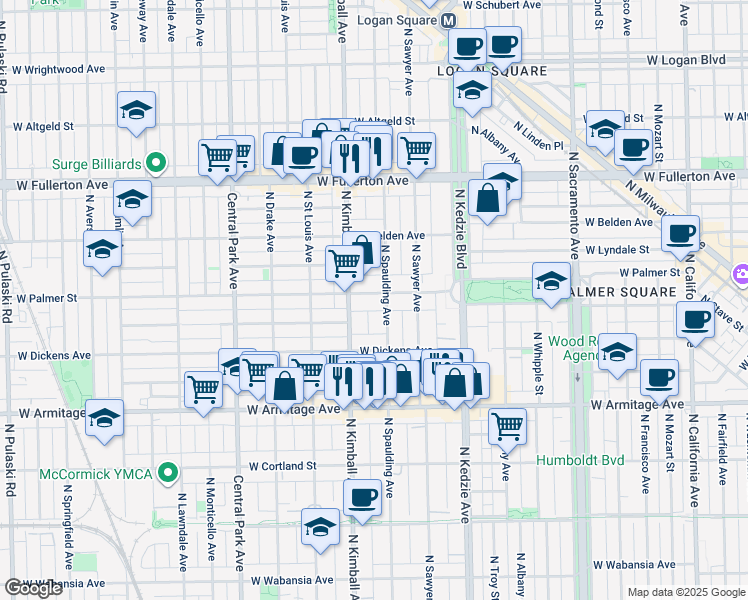 map of restaurants, bars, coffee shops, grocery stores, and more near 2150 North Spaulding Avenue in Chicago
