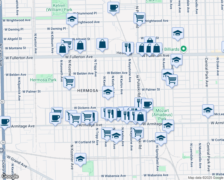 map of restaurants, bars, coffee shops, grocery stores, and more near 2150 North Kedvale Avenue in Chicago