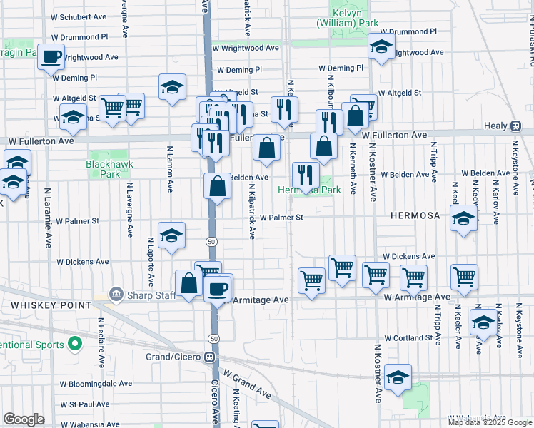 map of restaurants, bars, coffee shops, grocery stores, and more near 4623 West Palmer Street in Chicago