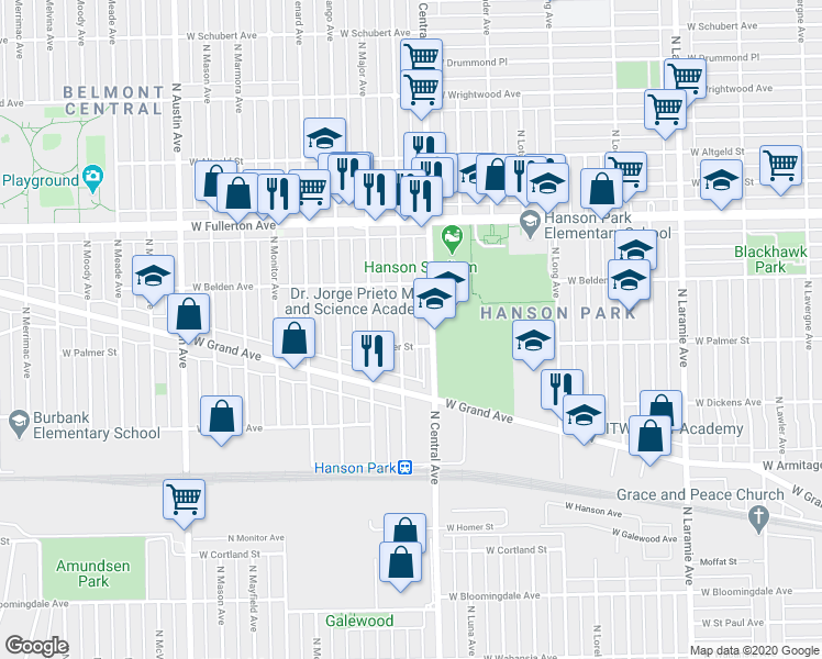 map of restaurants, bars, coffee shops, grocery stores, and more near 5610 West Palmer Street in Chicago