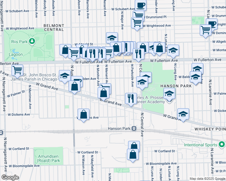 map of restaurants, bars, coffee shops, grocery stores, and more near 2207 North Mango Avenue in Chicago