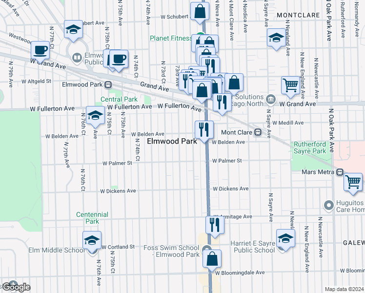 map of restaurants, bars, coffee shops, grocery stores, and more near in Elmwood Park