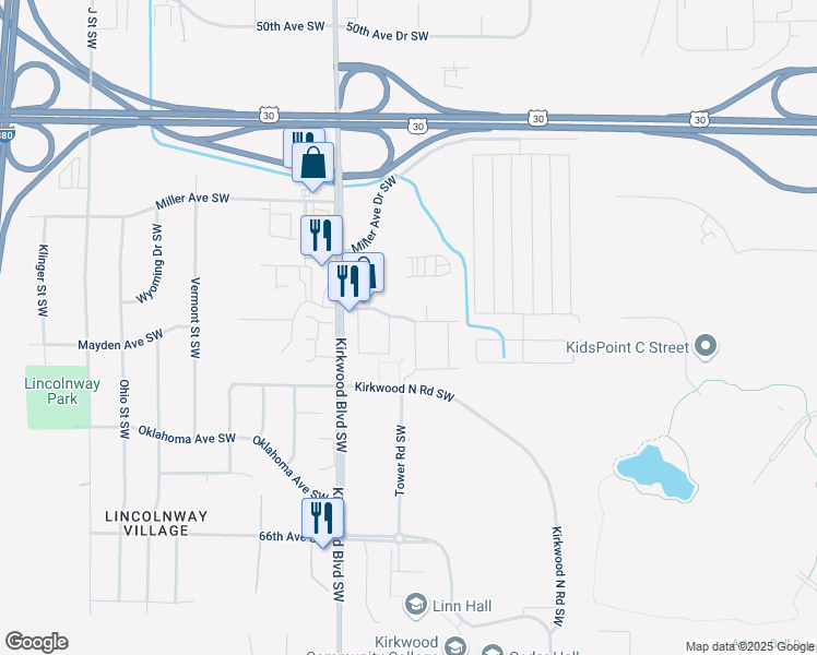 map of restaurants, bars, coffee shops, grocery stores, and more near 105 Kirkwood Court Southwest in Cedar Rapids