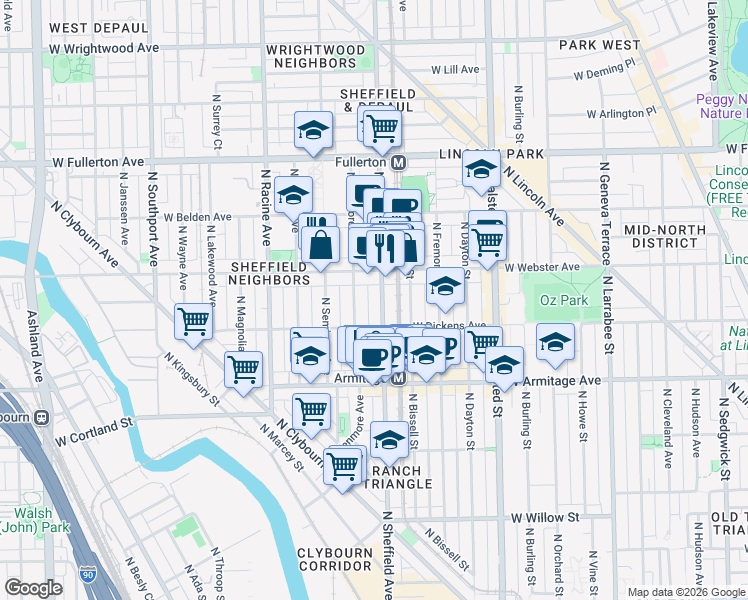 map of restaurants, bars, coffee shops, grocery stores, and more near 2128 North Sheffield Avenue in Chicago