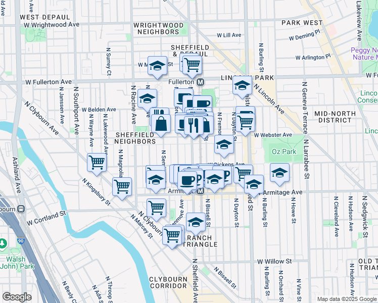 map of restaurants, bars, coffee shops, grocery stores, and more near 2128 North Sheffield Avenue in Chicago