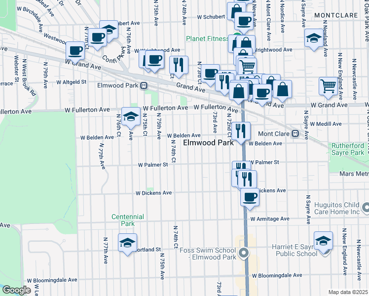 map of restaurants, bars, coffee shops, grocery stores, and more near 2226 North 74th Avenue in Elmwood Park