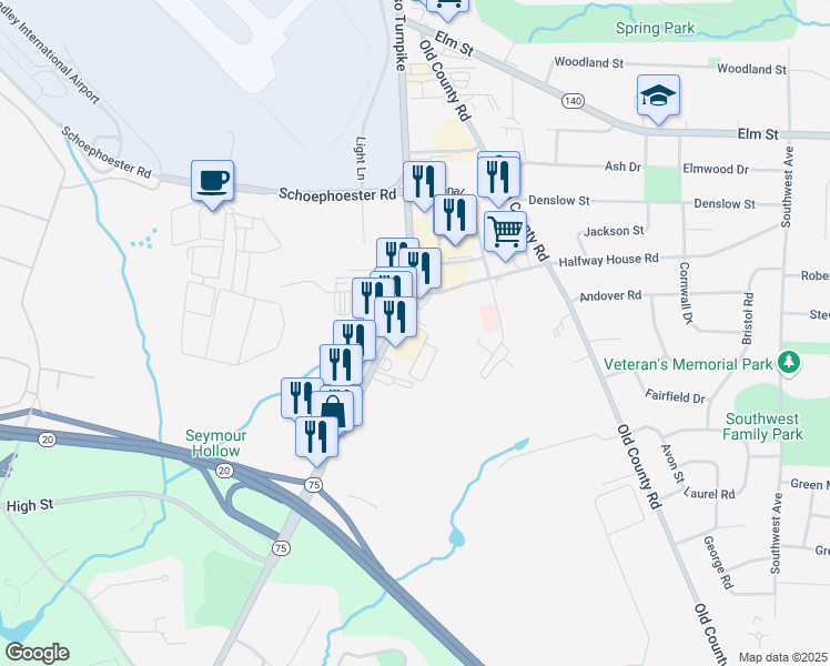 map of restaurants, bars, coffee shops, grocery stores, and more near 101 Ella Grasso Turnpike in Windsor Locks