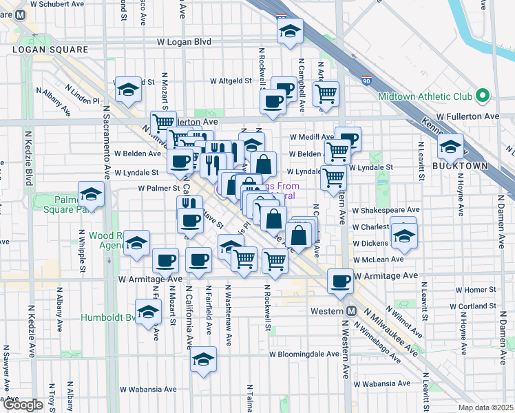 map of restaurants, bars, coffee shops, grocery stores, and more near 2138 North Rockwell Street in Chicago