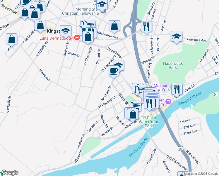 map of restaurants, bars, coffee shops, grocery stores, and more near McEntee Street in Kingston