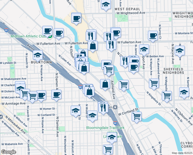 map of restaurants, bars, coffee shops, grocery stores, and more near 2155 North Elston Avenue in Chicago