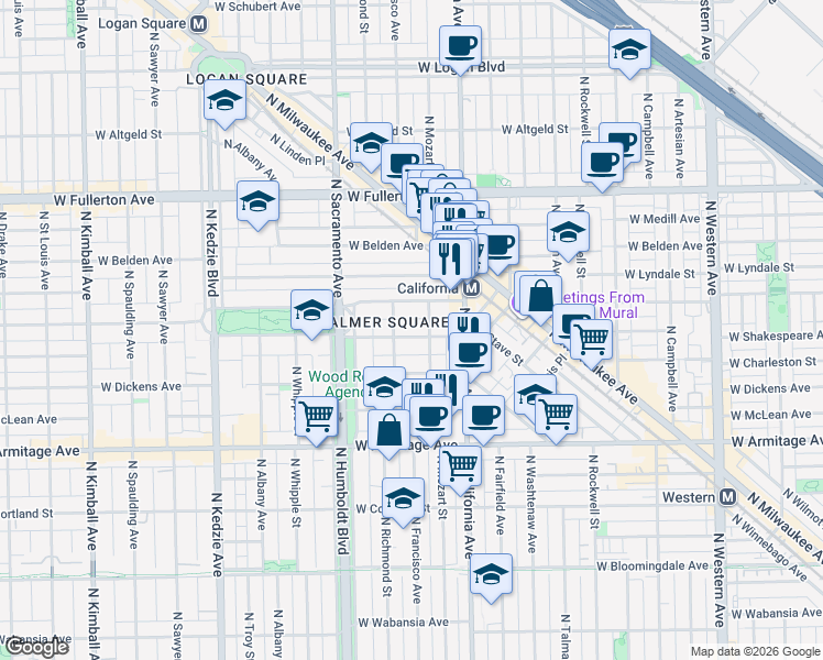 map of restaurants, bars, coffee shops, grocery stores, and more near 2845 West Shakespeare Avenue in Chicago