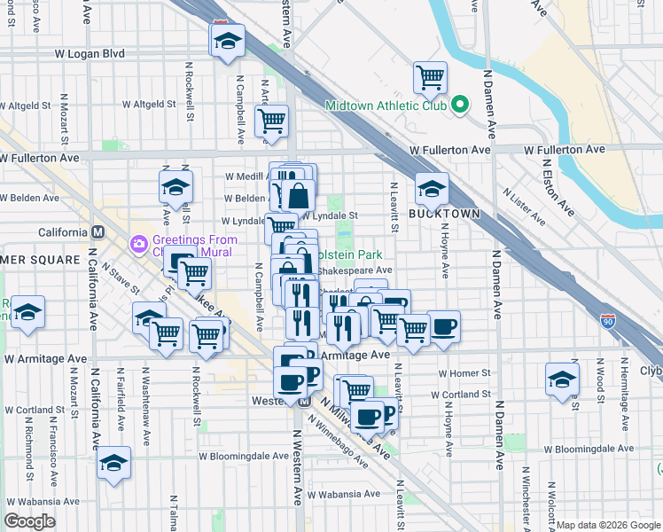 map of restaurants, bars, coffee shops, grocery stores, and more near 2116 North Oakley Avenue in Chicago