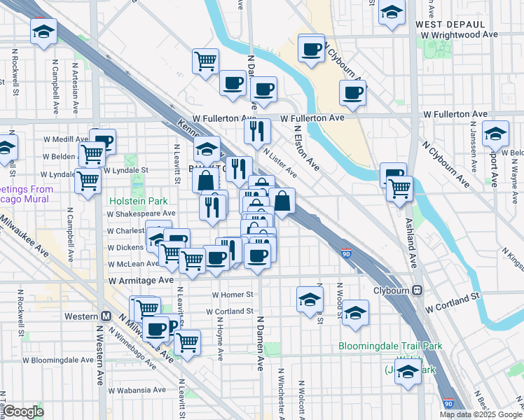 map of restaurants, bars, coffee shops, grocery stores, and more near 2143 North Damen Avenue in Chicago